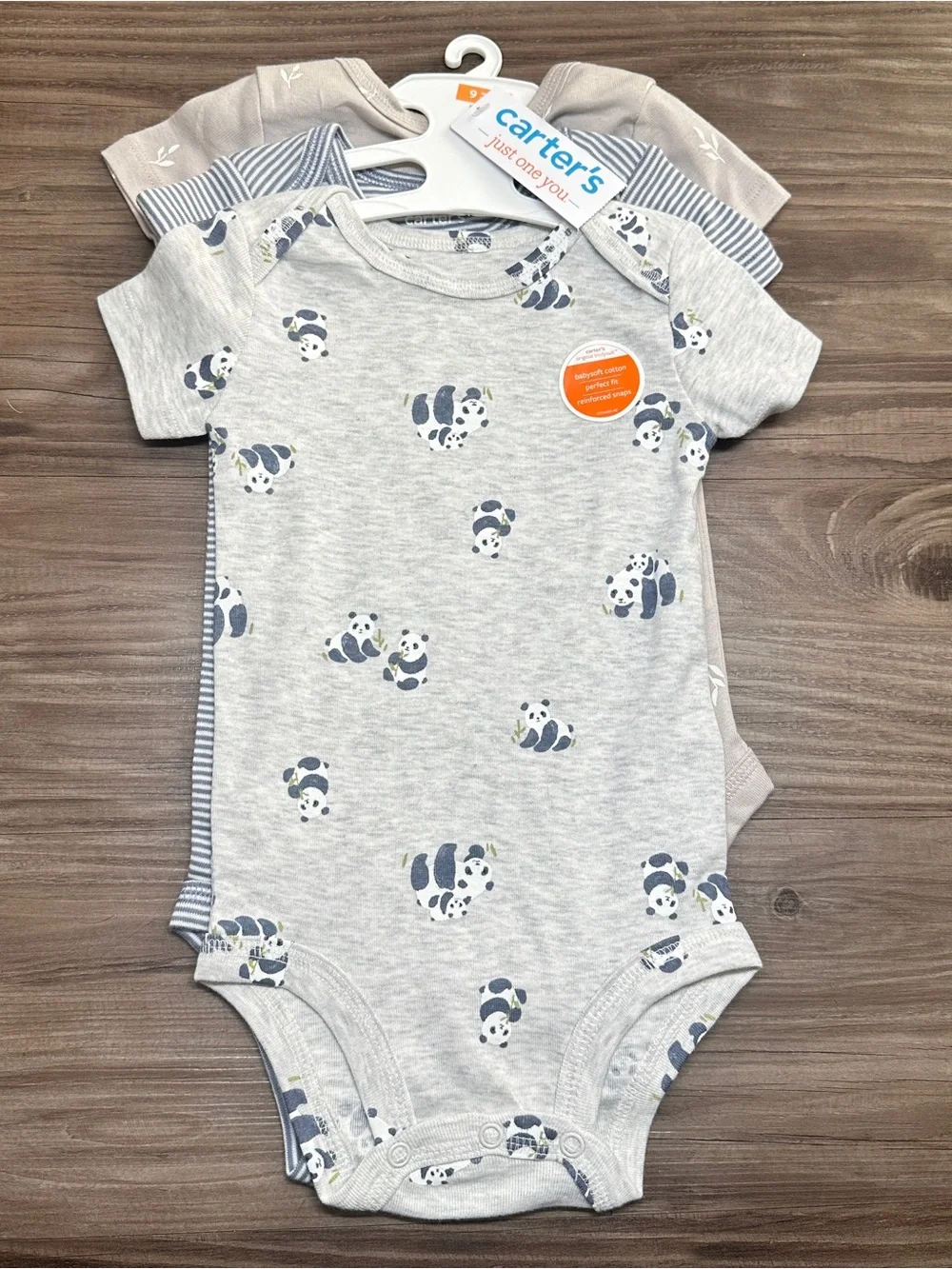 Carter's Light Gray Panda Short-Sleeve One-Piece Bodysuits 3 Pack 9M